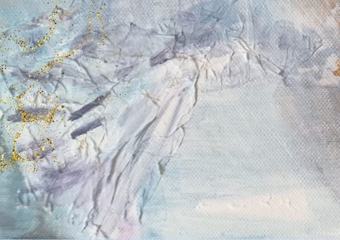 Detail eines abstrakten Gemäldes in Blau-, Gold- und Rosétönen